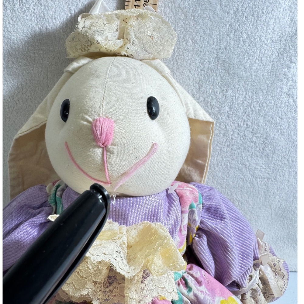 Vintage Stuffed Bunny Rabbit Plush Purple Floral Lace Dress Easter Decor 18in - Picture 8 of 8